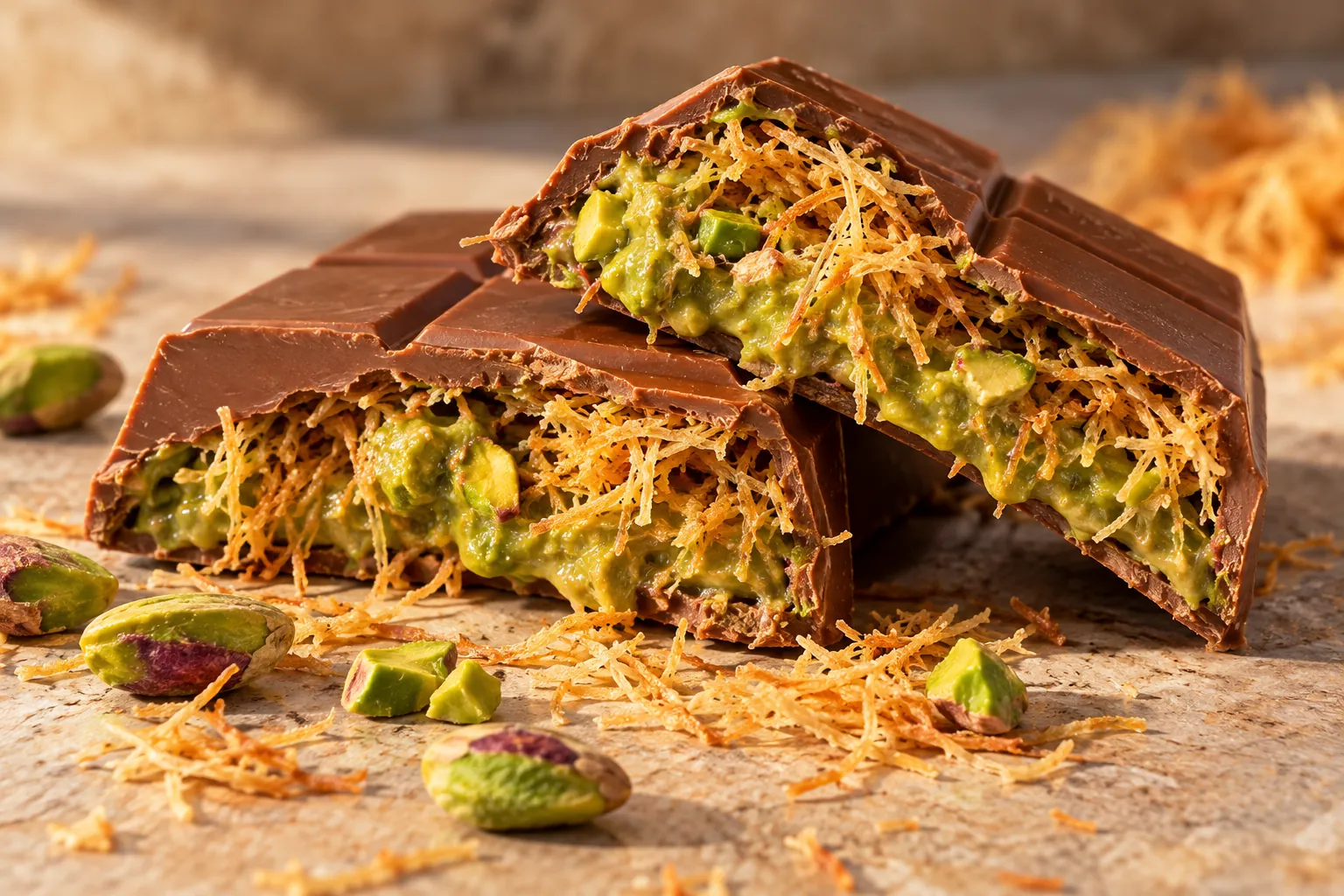 Dubai chocolate bar with pistachio kunafa filling