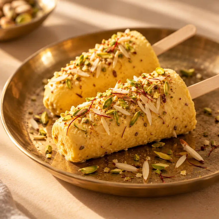 Kesar kulfi with almond slivers and pistachio