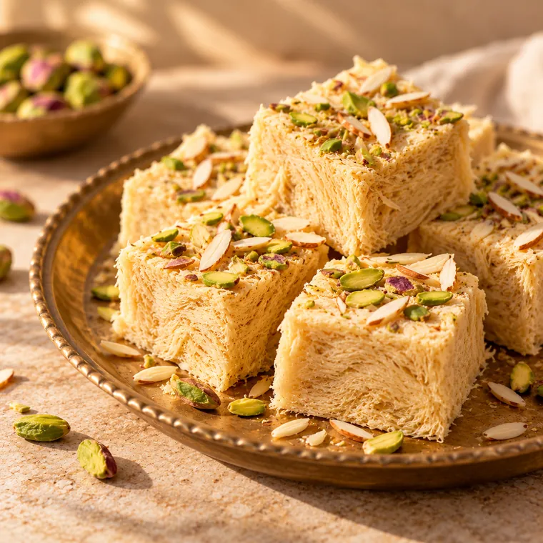 Soan papdi topped with pistachio and almond slices