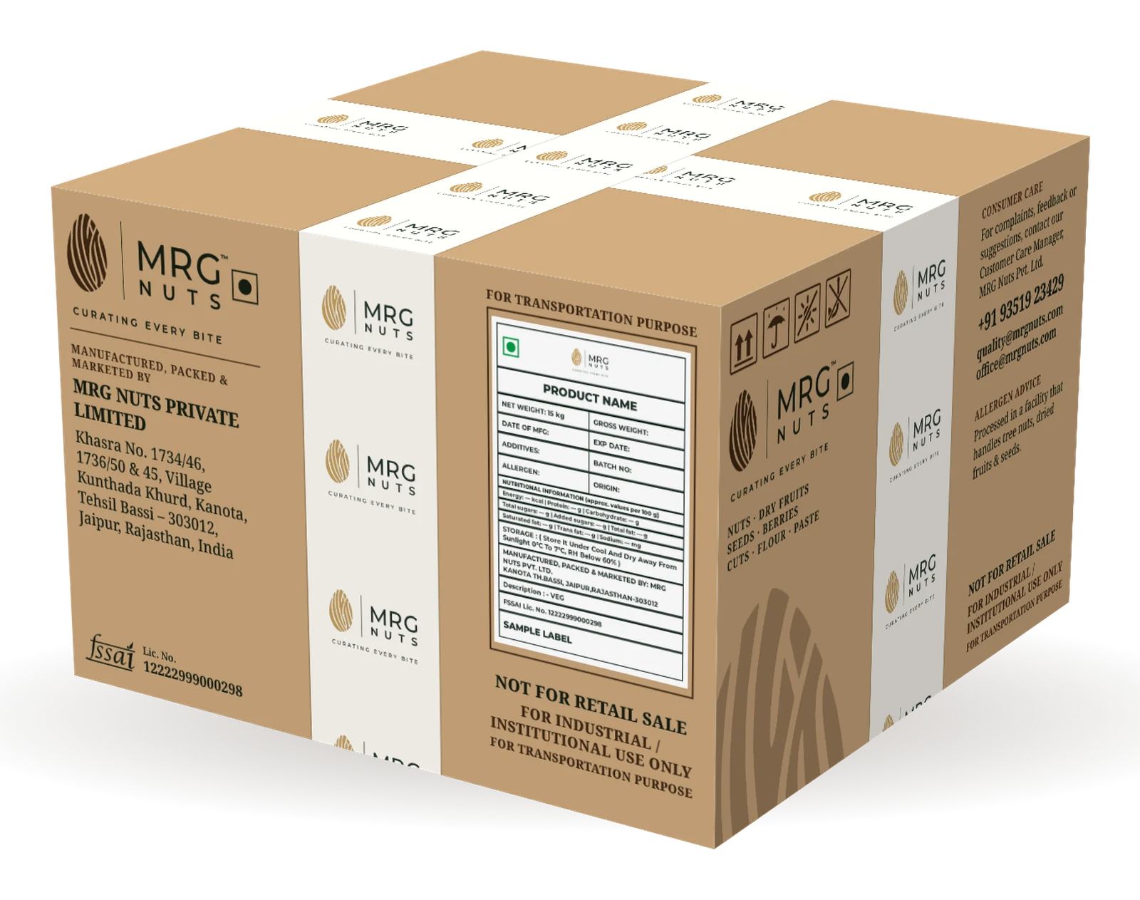 MRG Nuts carton, back, with a sample product sticker