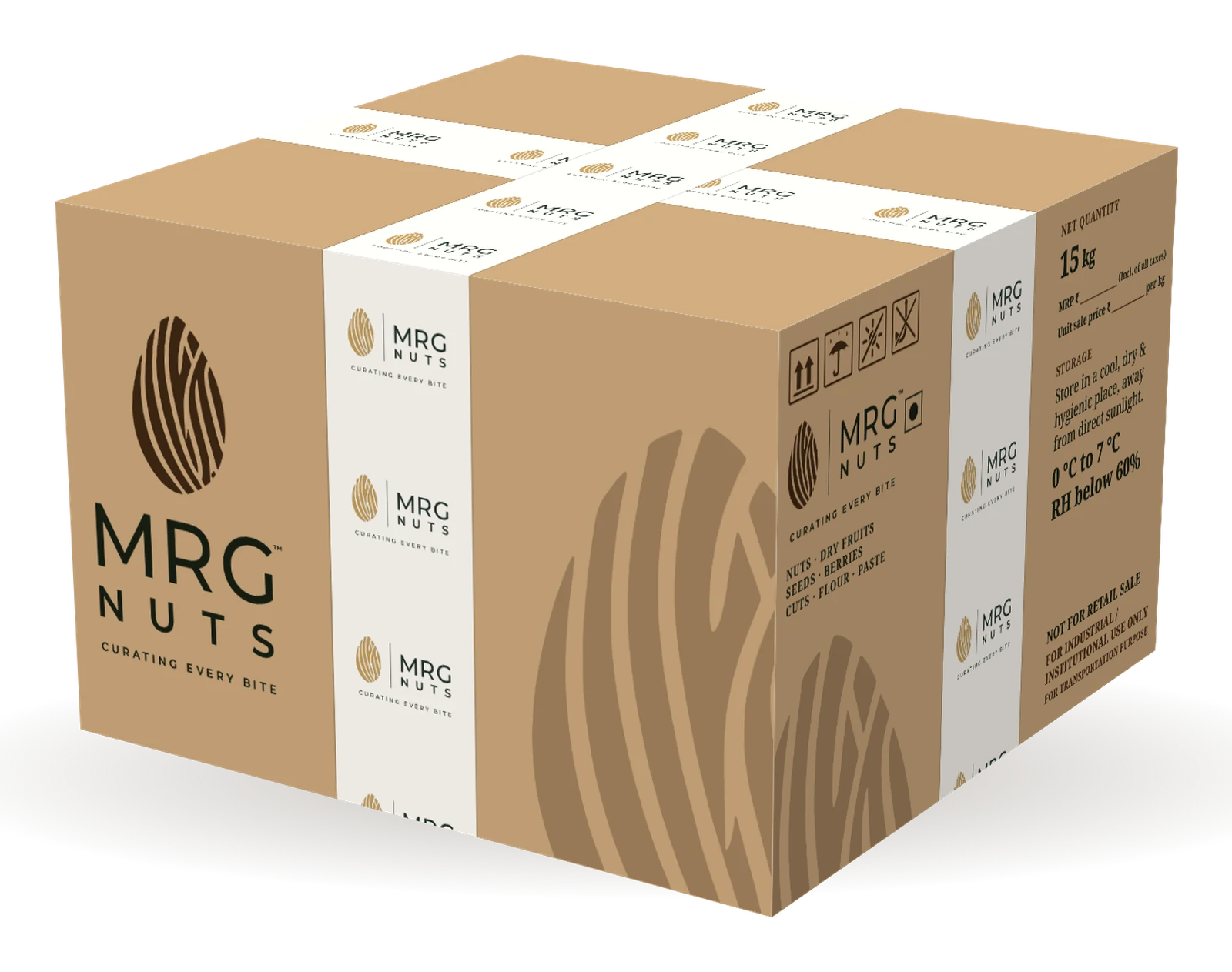 MRG Nuts carton, front, sealed with MRG tape